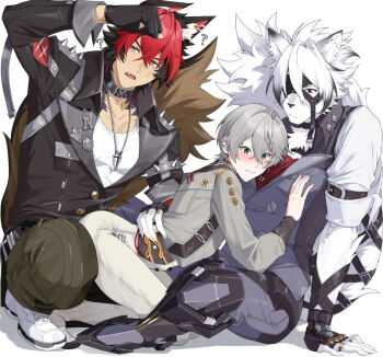 3boys ? animal_ears black_choker black_gloves black_hair black_jacket blush choker closed_mouth commentary covered_pectorals dog_boy dry_humping embarrassed full_body furry furry_male gloves green_eyes green_pants grey_hair humping jacket jewelry komano_manato looking_at_another male_focus multicolored_hair multiple_boys necklace official_alternate_costume pants pectorals red_eyes red_hair scar scar_across_eye scar_on_face short_hair simple_background sizuka1299494 spiked_jacket trapped von_lycaon white_background white_hair white_pants wise_(soaring_crane)_(zenless_zone_zero) wise_(zenless_zone_zero) wolf_boy wolf_ears zenless_zone_zero