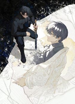 Rule 34 | 2boys, absurdres, black coat, black eyes, black hair, black shirt, coat, collared shirt, commentary request, disintegration, highres, holding, holding sword, holding weapon, kim dokja, male focus, multiple boys, omniscient reader's viewpoint, on one knee, open clothes, open coat, planted, planted sword, planted weapon, puddle, rain, ripples, sanjinmogufufu, shirt, short hair, smile, sword, too many papers, torn paper, weapon, white coat, yoo joonghyuk