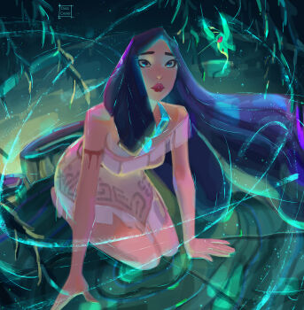 1girl arm_support artist_name bird blue_eyes breasts commentary english_commentary highres hummingbird long_hair medium_breasts native_american_clothes paid_reward_available pocahontas_(disney) pocahontas_(movie) purple_hair seiza sitting solo tatti_art