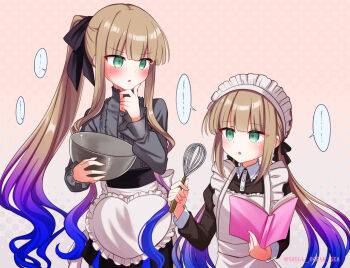 Rule 34 | 2boys, apron, black dress, black shorts, blonde hair, blue hair, blush, book, brown hair, captain nemo (fate), commentary request, dress, fate/grand order, fate (series), gradient hair, green eyes, grey shirt, high-waist shorts, long hair, long sleeves, looking at another, maid headdress, mixing bowl, multicolored hair, multiple boys, nemo (fate), noah (fate), noah (second ascension) (fate/grand order), open mouth, ponytail, shell ocean, shirt, shorts, two-tone hair, valentine, very long hair, whisk, white apron