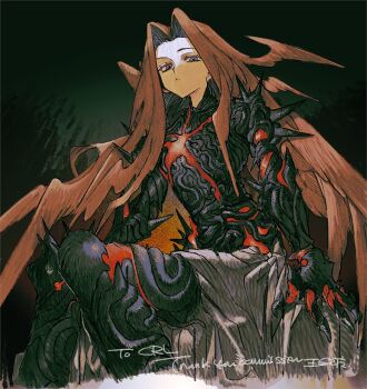 Rule 34 | armor, blue eyes, claws, closed mouth, commentary, commission, cosplay, edmond dantes (fate), english commentary, english text, fate/grand order, fate (series), frown, giant, giantess, gorgon (fate), hair intakes, hair wings, knees together feet apart, long hair, looking at viewer, looking down, medusa (fate), pdozip, rider, sitting, spiked armor, spikes, the count of monte cristo (fate), the count of monte cristo (fate) (cosplay), triangle mouth, very long hair