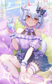 Rule 34 | 1boy, animal ear hairband, animal ears, bare shoulders, black skirt, blue hair, bow, colored inner hair, commentary request, crossdressing, crossdressing (mtf), dog tail, double bun, fake animal ears, frilled skirt, frilled wrist cuffs, frills, hair bow, hair bun, hairband, high-waist skirt, highres, inuyama tamaki, inuyama tamaki (10th costume), jirai kei, male focus, multicolored hair, noripro, off-shoulder shirt, off shoulder, official alternate costume, puffy short sleeves, puffy sleeves, purple shirt, shirt, short hair, short sleeves, sitting, skirt, smile, solo, suzuhiro, tail, thigh strap, trap, two-tone hair, virtual youtuber, wrist cuffs, yellow eyes