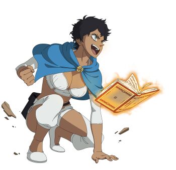 Rule 34 | 1girl, absurdres, black clover, black clover m: rise of the wizard king, black hair, blue capelet, book, breasts, capelet, cleavage, clenched hand, crop top, full body, green eyes, grimoire, highres, looking to the side, midriff, navel, non-web source, official art, open book, open mouth, shirt, shoes, short hair, short shorts, shorts, simple background, sleeveless, sleeveless shirt, sol marron, solo, squatting, teeth, transparent background, upper teeth only, white shirt, white shoes, white shorts