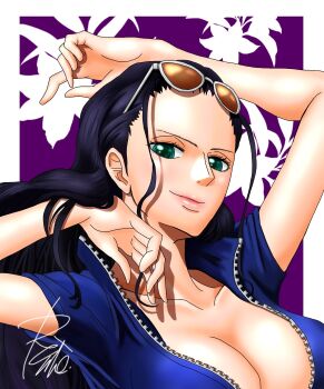1girl aqua_eyes arm_up black_hair blue_shirt breasts cleavage closed_mouth commentary_request eyelashes flower hair_slicked_back highres long_hair nico_robin one_piece op_rentalaw pink_lips purple_background shadow shirt short_sleeves signature smile solo