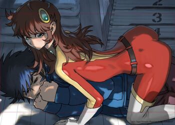 1boy belt black_hair blue_eyes bodysuit breasts brown_hair gloves grendizer_u hair_ornament jacket kabuto_kouji long_hair long_sleeves maria_grace_fleed mazinger_(series) multicolored_bodysuit official_art on_person pants pilot_suit red_bodysuit sideburns skin_tight sweat ufo_robo_grendizer