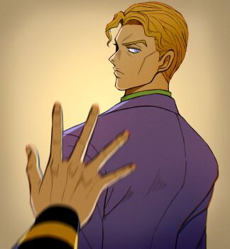 2boys blonde_hair blue_eyes chromatic_aberration commentary_request diamond_wa_kudakenai formal_clothes frown higashikata_josuke highres jacket jojo_no_kimyou_na_bouken kira_yoshikage looking_back male_focus motion_blur multiple_boys purple_jacket purple_suit reaching suit takumi1230g