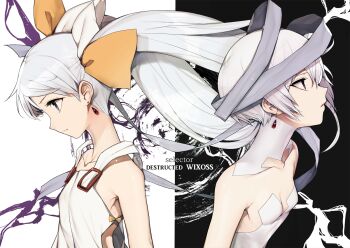 2girls bow closed_mouth dress earrings grey_eyes hair_bow highres hitoto jewelry long_hair looking_at_viewer multiple_girls selector_wixoss tama_(wixoss) twintails ulith_(wixoss) white_bow white_dress white_hair wixoss yellow_bow