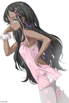1girl black_hair blue_eyes bra bracelet camisole cowboy_shot dark-skinned_female dark_skin dutch_angle earrings expressionless frilled_thigh_strap hair_ribbon hand_on_own_hip jewelry long_hair looking_at_viewer original oto1_030 pantyhose pink_camisole ribbon simple_background solo thigh_strap underwear white_background white_bra white_pantyhose