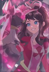 1girl antenna_hair blue_eyes brown_hair commentary_request diancie dress eyelashes framed gen_6_pokemon grey_background grin highres hilda_(pokemon) hilda_(special_costume)_(pokemon) legendary_pokemon long_hair mio_(pearly_b_zzz) mythical_pokemon nintendo official_alternate_costume pokemon pokemon_(creature) pokemon_masters_ex sidelocks smile