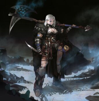 1girl absurdres arm_guards arm_tattoo arowana2111 asymmetrical_dual_wielding barbarian belt belt_pouch blue_eyes boots breasts brown_belt closed_mouth commentary dual_wielding facial_tattoo full_body grey_hair halberd highres holding holding_knife holding_polearm holding_weapon knife large_breasts looking_at_viewer medium_breasts original over_shoulder pelt pelvic_curtain polearm pouch rock solo standing tattoo thigh_strap two-handed undercut warrior weapon weapon_over_shoulder