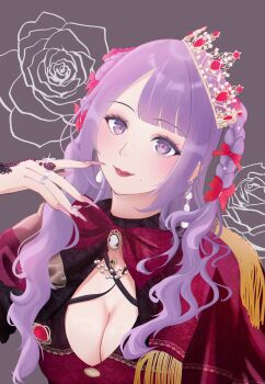 1girl acrylic_nails amerainu bow bowtie braid breasts cleavage crown earrings jewelry large_breasts lipstick long_hair makeup necklace pearl_necklace pink_nails purple_eyes purple_hair raito_(cosplayer) ring smile solo