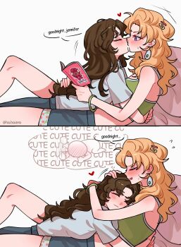 2girls blonde_hair blonney blue_eyes blue_shorts blush book bracelet brown_hair closed_eyes commentary crop_top earrings english_commentary english_text green_tank_top haihaiera hair_ornament hairclip highres holding holding_book hug jessica_(reverse:1999) jewelry kiss long_hair multiple_girls reverse:1999 shirt shorts smile speech_bubble sweat tank_top white_shirt yuri