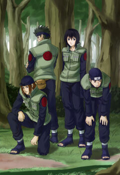 Rule 34 | 1girl, 3boys, back, bandages, bandana, bent over, black hair, brown hair, forehead protector, forest, full body, grass, hair between eyes, kneeling, long sleeves, multiple boys, namiashi raidou, naruto (classic), naruto (series), nature, on one knee, outdoors, pants, plant, sandals, shiranui genma, shizune (naruto), spiked hair, standing, tatami iwashi, tk (tk's level4), toes, tree, vest