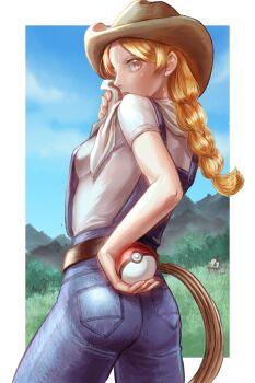 1girl artist_request ass blonde_hair blue_background braid cleaning_rag cowboy_hat cowboy_shot cowgirl_(pokemon) denim gen_4_pokemon grass hat highres looking_at_viewer looking_back mountainous_horizon nintendo npc_trainer open_mouth overalls poke_ball poke_ball_(basic) pokemon pokemon_(creature) pokemon_dppt rope solo starly sweat twin_braids yellow_eyes