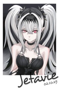 1girl black_choker black_dress black_hair character_name choker commentary crossed_bangs cybernetic_sam dated dress grey_hair hair_intakes highres jetavie:_daybreak_(pgr) jetavie_(pgr) long_hair mismatched_pupils multicolored_eyes pointy_ears punishing:_gray_raven red_eyes sidelocks slit_pupils solo symbol-shaped_pupils very_long_hair x-shaped_pupils