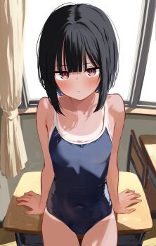 1girl absurdres black_hair blue_one-piece_swimsuit blush bob_cut bob_cut_girl_(memekko) breasts brown_eyes commentary_request competition_school_swimsuit desk highres indoors looking_at_viewer memekko one-piece_swimsuit original paid_reward_available school_desk school_swimsuit sitting small_breasts solo swimsuit tan tanline window