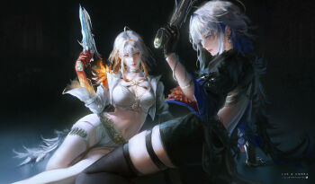 2girls absurdres arm_support artist_name black_jacket black_pantyhose black_shorts black_wings blue_bra blue_hair bra breasts colored_inner_hair commentary cropped_jacket dual_persona earrings english_commentary feathered_wings galbrena_(wuthering_waves) grey_hair gun hair_between_eyes hair_intakes hand_up highres holding holding_gun holding_weapon jacket jewelry large_breasts medium_hair multicolored_hair multiple_girls navel orange_hair pantyhose parted_lips purple_eyes shorts sidelocks single_wing stomach tacet_mark_(wuthering_waves) thigh_strap thighs ui_uiiiiiiiii underwear weapon white_bra white_hair white_jacket white_pantyhose white_shorts white_wings wings wuthering_waves