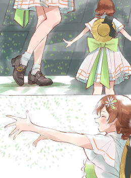 1girl audience back_bow blush bow brown_hair closed_eyes commentary dress drill_hair emma_verde flower from_behind from_side green_bow hair_flower hair_ornament hat hat_on_back highres la_bella_patria_(love_live!) legs love_live! love_live!_nijigasaki_high_school_idol_club multiple_views music official_alternate_costume open_mouth outstretched_arms short_sleeves singing skt_(ryxxxxx) smile socks stage straw_hat twin_drills white_dress white_socks wide_sleeves