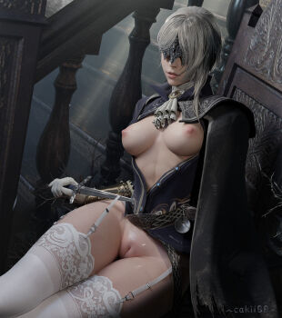 1girl 3d absurdres artist_name baluster blender_(medium) blindfold_mask breasts breasts_out cleft_of_venus duchess_(elden_ring) elden_ring elden_ring_nightreign garter_straps highres holding holding_knife holding_weapon knife lace lace-trimmed_thighhighs lace_trim looking_at_viewer mask medium_breasts nianbingzi nipples parted_lips photoshop_(medium) pussy sitting solo stairs thighhighs thighs weapon