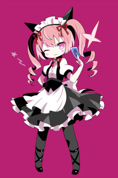 1girl :3 akiha_rumiho animal_ears apron black_pantyhose black_skirt blush_stickers card cat_ears closed_mouth fake_animal_ears full_body highres holding holding_card long_hair looking_at_viewer maid maid_headdress mamimu_(ma-mi-mu.me) one_eye_closed pantyhose pigeon-toed pink_background pink_eyes pink_hair puffy_short_sleeves puffy_sleeves ringlets science_adventure shirt short_sleeves simple_background skirt smile solo sparkle standing steins;gate twintails waist_apron white_apron white_shirt