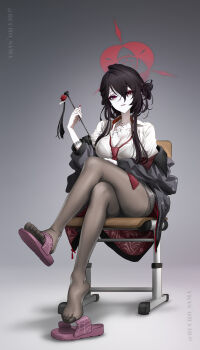 1girl absurdres black_hair black_pantyhose blue_archive breasts bucho_sama collared_shirt crossed_legs eyeliner flip-flops hair_between_eyes hair_ornament hair_stick halo highres kokuriko_(blue_archive) large_breasts looking_at_viewer loose_necktie makeup necktie pale_skin pantyhose red_eyeliner red_eyes red_halo red_lips red_necktie sandals school_uniform shirt sitting solo spider_web_pattern white_shirt