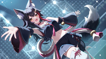 1girl :d absurdres animal_ear_fluff animal_ears black_hair black_serafuku black_shirt black_skirt black_sleeves blurry blurry_background choker commentary_request concert cropped_shirt cross-laced_slit detached_sleeves double-parted_bangs dutch_angle fang flipped_hair hair_between_eyes hair_ornament hairclip highres hololive kouhaku_nawa long_hair looking_at_viewer low-tied_long_hair midriff miniskirt multicolored_hair navel neckerchief ookami_mio ookami_mio_(1st_costume) open_mouth outstretched_arm pleated_skirt red_choker red_hair red_neckerchief rope sailor_collar school_uniform serafuku shimenawa shirt side_slit sidelocks skin_fang skirt sleeveless sleeveless_shirt smile solo spiked_hair stage streaked_hair tabi tail tail_around_own_leg tail_wrap thighhighs togemaru34 very_long_hair virtual_youtuber white_hair white_sailor_collar white_thighhighs wide_sleeves wolf_ears wolf_girl wolf_tail yellow_eyes