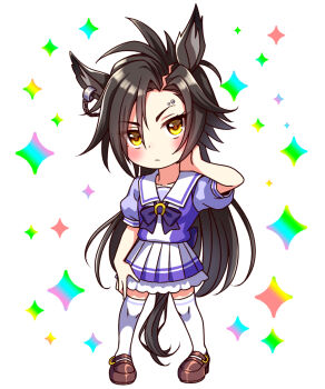 1girl air_shakur_(umamusume) animal_ears black_hair blush bow bowtie breasts chibi chibi_only closed_mouth collarbone commentary_request eyebrow_piercing face_piercing full_body highres horse_ears horse_girl horse_tail long_hair looking_at_viewer piercing pleated_skirt puffy_short_sleeves puffy_sleeves purple_bow purple_bowtie purple_shirt sailor_collar sailor_shirt school_uniform shirt shoes short_sleeves skirt small_breasts solo sugimotty_nova tail thighhighs tracen_school_uniform umamusume white_sailor_collar white_skirt white_thighhighs yellow_eyes zettai_ryouiki