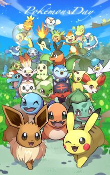 :d animal_focus bird black_eyes black_fur blue_skin blue_sky blurry blurry_background bow bowtie bright_pupils brown_fur bulbasaur cat charmander chespin chikorita chimchar closed_eyes cloud colored_skin commentary_request copyright_name crocodilian cyndaquil eevee fennekin flying fox froakie fuecoco gen_1_pokemon gen_2_pokemon gen_3_pokemon gen_4_pokemon gen_5_pokemon gen_6_pokemon gen_7_pokemon gen_8_pokemon grass green_bow green_bowtie green_fur green_skin grookey highres inana_umi legendary_pokemon litten looking_at_viewer lugia monkey mudkip nintendo no_humans one_eye_closed open_mouth orange_eyes oshawott outdoors owl penguin pikachu piplup pokemon pokemon_(creature) popplio quaxly rabbit rayquaza red_eyes rowlet scorbunny sharp_teeth sky smile snivy sobble sprigatito squirtle tail teeth tepig torchic totodile treecko turtwig white_pupils yellow_skin