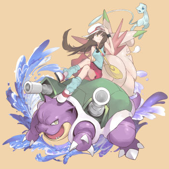 1girl absurdres alternate_color bag blastoise blue_shirt breasts brown_eyes brown_hair clefable gen_1_pokemon hand_on_headwear handbag hat highres hiro_(user_negm3832) leaf_(pokemon) legendary_pokemon long_hair loose_socks mew_(pokemon) mythical_pokemon nintendo open_mouth pokemon pokemon_(creature) pokemon_frlg red_skirt shiny_pokemon shirt shoes sitting_on_animal skirt small_breasts socks water white_hat white_shoes wristband yellow_eyes
