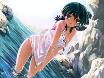 1girl 2004 blue_eyes blush bottomless breast_slip covering_crotch covering_privates dutch_angle flat_chest green_hair kawata_hisashi leaning_forward light_rays miidera_tsukuyo nipple_slip nipples no_bra no_panties non-web_source official_art one_breast_out outdoors ripples rock see-through_clothes shirt_tug signature solo strap_slip sunbeam sunlight tan tasogare wading water wet wet_clothes