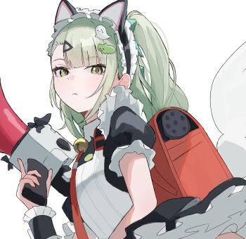 Rule 34 | 1girl, 961 kuru, animal ear hairband, animal ears, bell, black dress, cat ear hairband, cat ears, closed mouth, commentary request, dress, fake animal ears, frilled dress, frilled sleeves, frills, from side, ghost hair ornament, green eyes, green hair, hair ornament, hairband, highres, holding, holding megaphone, looking at viewer, maid, maid headdress, megaphone, multiple hair clips, neck bell, necktie, official alternate costume, ponytail, red bag, red necktie, simple background, solo, sunna (afternoon tea break) (zenless zone zero), sunna (zenless zone zero), triangle hair ornament, upper body, white background, white wings, winged bag, wings, zenless zone zero