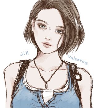 1girl blue_eyes brown_hair character_name collarbone commentary hair_behind_ear hashtag-only_commentary head_tilt highres illust2222 jewelry jill_valentine lips necklace resident_evil resident_evil_3:_nemesis resident_evil_3_(remake) short_hair solo