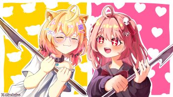 +_+ 2girls :3 absurdres ahoge animal_ear_fluff animal_ears black_collar black_ribbon black_sweater blonde_hair blush bow brown_hair cat_ears cat_girl cat_tail closed_eyes closed_mouth collar commentary commission controller_hair_ornament english_commentary evil_neuro-sama eyelashes glasses hair_ornament hair_ribbon hairclip heart highres holding_harpoon indie_virtual_youtuber long_hair long_sleeves medium_hair minikomew multiple_girls neuro-sama open_mouth outline red_bow red_eyes red_ribbon ribbon round_eyewear second-party_source shirt short_sleeves short_twintails single_bare_shoulder skull_hair_ornament smile sweater tail tanhuluu teeth twintails twitter_username twitter_x_logo two_side_up upper_body upper_teeth_only vedal_ai virtual_youtuber white_outline white_shirt