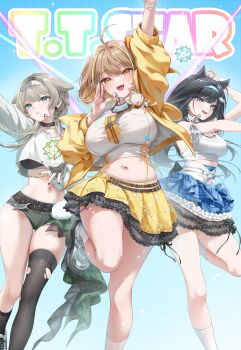3girls absurdres aeon_ion ahoge anis_(nikke) anis_(star)_(t.t._star)_(nikke) aqua_headband arm_up armpits bare_shoulders belt black_choker black_hair black_nails black_sports_bra blue_eyes blue_headband blue_skirt blush breasts brown_belt brown_hair cat_ornament character_name cheek_tattoo choker clothing_cutout commentary_request dress facial_mark fingerless_gloves fish_hair_ornament gloves goddess_of_victory:_nikke green_shorts grey_hair hair_ornament hairband headband headset highres idol jacket jewelry large_breasts long_hair looking_at_viewer medium_breasts midriff mint_(nikke) multiple_girls navel necktie official_alternate_costume open_mouth plaid_clothes plaid_necktie prika_(nikke) shirt short_hair shorts single_bare_shoulder skirt sleeveless sleeveless_dress smile sports_bra star_(symbol) star_facial_mark t.t._star_(nikke) tattoo teeth upper_teeth_only white_headband white_shirt yellow_jacket yellow_necktie yellow_skirt