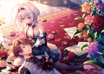 1boy 1girl antenna_hair ascot black_hairband black_shirt black_skirt blood blood_from_mouth blood_on_face blood_on_hands blue_necktie blurry blurry_foreground brooch brown_hair collared_shirt detached_sleeves flower frilled_shirt frilled_skirt frilled_sleeves frills gloves green_eyes hairband jewelry knife lap_pillow lilithea mata_korosarete_shimatta_nodesune_tantei-sama medium_hair multicolored_hair neck_ribbon necktie novel_illustration official_art one_eye_closed orange_flower orange_rose outsuki_sakuya pink_flower pink_rose puffy_detached_sleeves puffy_sleeves purple_flower purple_rose red_flower red_ribbon red_rose ribbon riichu rose rug sheet_music shirt skirt stab streaked_hair thighhighs vest waistcoat white_ascot white_gloves white_hair white_shirt white_thighhighs