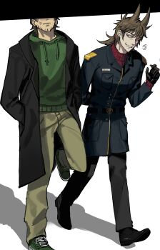 2boys absurdres adapted_costume alternate_hair_length alternate_hairstyle animification antenna_hair arm_behind_back beard_stubble black_coat black_gloves black_shoes blue_coat brown_hair brown_pants burn_scar cigar coat commentary drawstring edd_(eddsworld) eddsworld english_commentary facial_hair future_edd_(eddsworld) gloves green_hoodie green_shoes grey_eyes grin hair_behind_ear hair_ears hands_in_pockets head_out_of_frame height_difference highres holding holding_cigar hood hood_down hoodie long_sleeves looking_at_another low_ponytail male_focus mature_male medium_hair missedkenamine multiple_boys name_tag open_clothes open_coat pants ponytail red_leader_(eddsworld) red_sweater scar shoes short_hair simple_background smile sneakers stubble sweater tord_(eddsworld) trench_coat walking