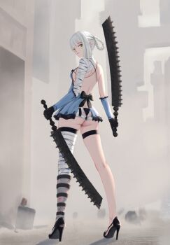 1girl absurdres arm_warmers ass bandaged_arm bandaged_leg bandaged_neck bandages black_bow black_gloves black_shoes blue_arm_warmers blue_negligee bow braid commentary diky dual_wielding gloves hair_rings high_heels highres holding holding_weapon kaine_(nier) lingerie long_hair looking_at_viewer median_furrow negligee nier nier_(series) shoes shoulder_blades skindentation solo thigh_strap underwear weapon white_hair yellow_eyes