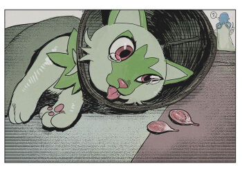 1girl border castration chinese_commentary commentary_request fangs green_fur mable_(pokemon) musical_note nintendo pet_cone pokemon pokemon_(creature) pokemon_focus pokemon_legends:_z-a red_eyes sitakiding solo spoken_musical_note sprigatito tearing_up tears testicles tongue tongue_out white_border