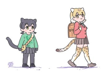 2girls :3 alternate_costume animal_ears animal_print backpack bag black_gloves black_hair black_legwear black_leopard_(kemono_friends) black_skirt blonde_hair blush commentary_request gloves green_shirt grey_skirt handbag imnim_leef jacket kemono_friends leopard_(kemono_friends) leopard_ears leopard_girl leopard_print leopard_tail long_sleeves multiple_girls pantyhose pleated_skirt print_legwear randoseru red_jacket school_uniform shirt short_hair short_twintails skirt tail thighhighs twintails yellow_eyes zettai_ryouiki