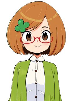 1girl absurdres blush bob_cut border brown_eyes brown_hair buttons cardigan clover clover_hair_ornament collared_shirt commentary_request detesu envelope four-leaf_clover four-leaf_clover_hair_ornament glasses green_cardigan hair_ornament highres looking_at_viewer nikki_(swapnote) nintendo red-framed_eyewear semi-rimless_eyewear shirt short_hair simple_background smile solo swapnote swept_bangs white_background white_shirt