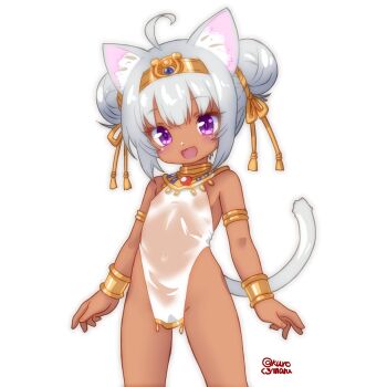 1girl :d ahoge ancient_egyptian_clothes animal_ear_fluff animal_ears armlet bangle bracelet breasts cat_ears cat_girl cat_tail circlet commentary_request covered_navel cowboy_shot dark-skinned_female dark_skin double_bun dress fang grey_hair hair_bun hair_ribbon highres brown_egyptian_cat-eared_loli_(trend) jewelry kuromaru-4321 loli no_panties open_mouth original purple_eyes ribbon see-through_clothes see-through_dress short_hair side_slit simple_background sleeveless sleeveless_dress small_breasts smile solo tail usekh_collar white_background white_dress yellow_ribbon