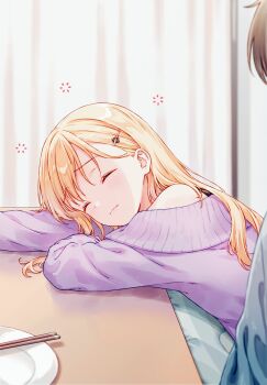 Rule 34 | 1boy, 1girl, asamura yuuta, ayase saki, bare shoulders, blonde hair, brother and sister, brother and step-sister, brown hair, chopsticks, closed eyes, closed mouth, commentary request, gimai seikatsu, hair ornament, hairclip, head rest, highres, hiten (hitenkei), indoors, kotatsu, long hair, long sleeves, off-shoulder sweater, off shoulder, official art, out of frame, plate, purple sweater, second-party source, siblings, smile, solo focus, squeans, step-brother and step-sister, step-siblings, sweater, table