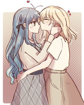 Rule 34 | 2girls, bang dream!, bang dream! it's mygo!!!!!, blonde hair, blue hair, blush, brown skirt, closed eyes, commentary, grey skirt, hand on another's neck, hands on another's waist, heart, kiss, kissing nose, long hair, long sleeves, misumi uika, multiple girls, parted lips, setou (bpdne), shirt, short sleeves, skirt, togawa sakiko, white shirt, yellow eyes, yuri