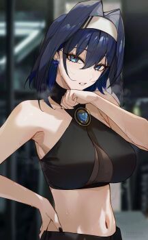 1girl absurdres alternate_costume artist_name black_nails black_shirt blue_eyes blue_gemstone blue_hair blurry blurry_background bow bow_earrings breasts commentary crop_top duplicate earrings english_commentary fingernails gem hair_between_eyes hair_intakes hairband hand_on_own_hip heart-shaped_gem highres hololive hololive_english jewelry kanniiepan large_breasts light_blush long_fingernails looking_at_viewer medium_hair midriff nail_polish navel ouro_kronii parted_lips shirt sleeveless sleeveless_shirt solo sweat twitter_username upper_body virtual_youtuber white_hairband