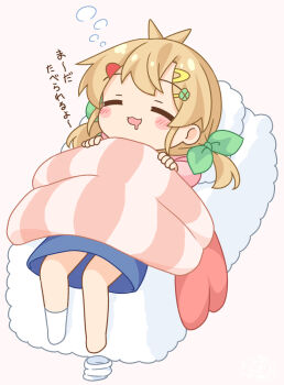 1girl :3 antenna_hair blonde_hair blue_skirt blush_stickers bow chibi chibi_only closed_eyes commentary_request drooling fish_(food) food full_body green_bow hair_bow hair_ornament hairclip hao_(pila-pela) in_food long_hair low_twintails lying mini_person minigirl mouth_drool nigirizushi no_shoes on_back open_mouth original pila-pela rice shrimp simple_background single_bare_foot single_sock skirt sleeping socks solo squeans sushi translation_request twintails unworn_socks white_background white_socks
