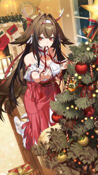 1girl animal_ears bare_shoulders brown_hair christmas_ornaments christmas_tree droopy_ears fireplace fox_ears fox_girl frills hair_ornament hairband highres lace_socks long_hair long_skirt looking_at_viewer mouth_hold official_alternate_costume official_art red_eyes red_skirt ribbon ribbon_in_mouth shirt skirt solo very_long_hair white_shirt ye_shunguang ye_shunguang_(touch_of_dawnlight) zenless_zone_zero