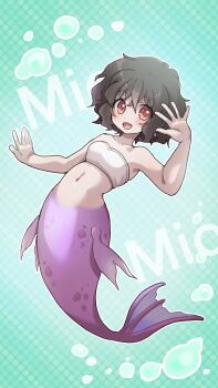 Rule 34 | 1girl, air bubble, bandeau, bare shoulders, blush, breasts, brown eyes, brown hair, bubble, character name, collarbone, commentary request, english text, fins, green background, hair between eyes, head fins, highres, komena (shinyday312), mermaid, messy hair, monster girl, navel, original, polka dot, polka dot background, purple tail, short hair, sidelocks, small breasts, smile, underwater, waving