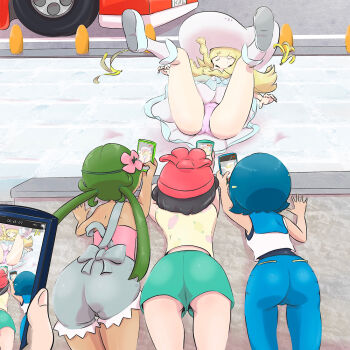 4girls ass banana_peel bare_shoulders beanie black_hair blonde_hair blue_hair blunt_bangs boots braid camera cellphone collared_dress dark-skinned_female dark_skin dress female_pervert flower from_behind green_hair hair_flower hair_ornament hat lana_(pokemon) lillie_(pokemon) long_hair low_twintails mallow_(pokemon) microsd_(pibo) multiple_girls nintendo overalls panties pants pervert phone photographing pokemon pokemon_sm pov see-through_clothes selene_(pokemon) shiny_clothes shiny_skin short_hair short_shorts shorts skirt slip swimsuit swimsuit_under_clothes twin_braids twintails underwear upskirt voyeurism
