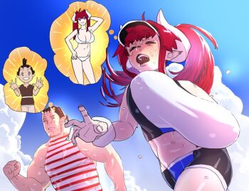 1boy 1girl bare_arms bare_shoulders bikini blue_sky blush bouncing_breasts breasts brown_hair closed_eyes gen&#039;en_(sioherashi) height_difference huge_breasts kuu_fearse large_breasts long_hair mouth_hold muscular muscular_male navel nose_blush open_mouth original red_hair running shortstack sketch sky sweat swimsuit tagme teeth teeth_hold thinking twintails unaligned_breasts