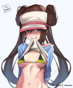 1girl arms_behind_back blue_eyes breasts clothes_in_mouth clothes_lift double_bun gen_5_pokemon hair_bun looking_at_viewer medium_breasts nintendo pokemon pokemon_bw2 rosa_(pokemon) shirt_lift snivy solo stomach third-party_source yo-nashi